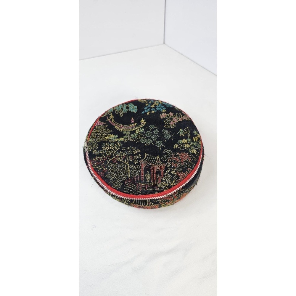 1950s Chinese Asian Black Brocade Round Jewelry/ Cosmetic Bag + Small‎ Pouch